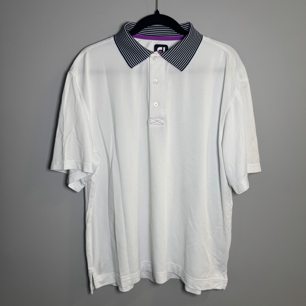 FootJoy Mens White Performance Golf Polo Shirt Large Striped Collar Short Sleeve